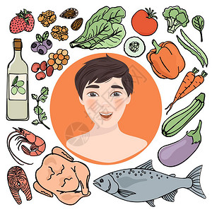 鱼蔬菜人类和健康食物插画插画