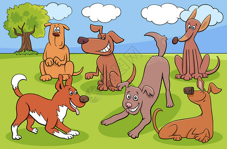 公园中玩耍的可爱小狗卡通矢量插画图片