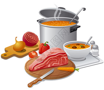 提供热汤配有原料肉类和蔬菜图片