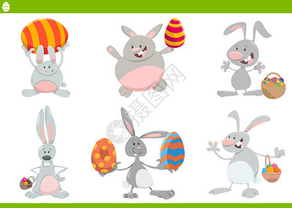漫画插图展示复活节时间的有趣东方兔子和彩蛋图片