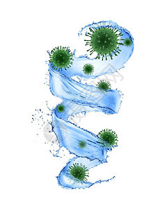 白背景的冠状分子模型复制空间在冠状流行期间作为预防的消毒行动概念covid19与冠状细菌一起喷水图片