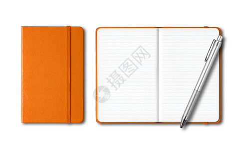 橙色的打开和关闭的有衬里的笔记本白色上有一支隔离的笔橙色的关闭和打开的笔记本与一支笔隔离在白色图片