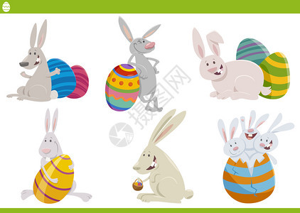 漫画插图有趣的东方兔子组在东方节日带彩蛋的复活节图片