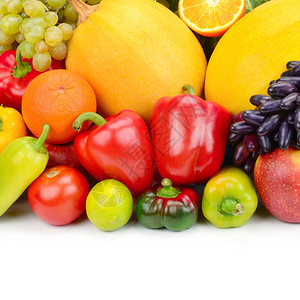 将一组蔬菜和水果隔离在白色背景上空闲文本间图片