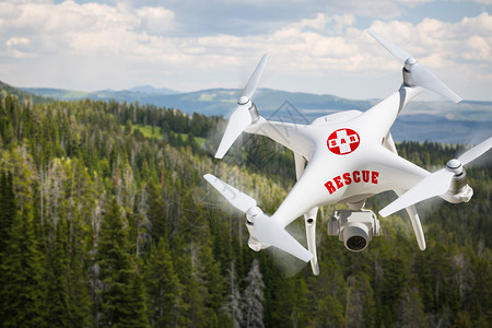 无人驾驶飞机在山林上空飞行背景图片