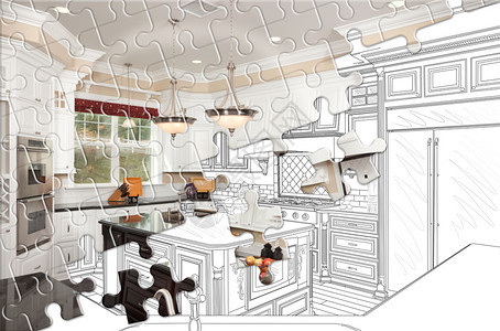 拼图凑在一起揭示了完成的厨房建筑图片