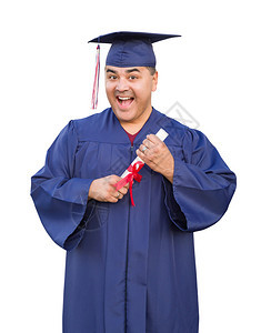 佩戴毕业帽子和孤立的礼服有文凭西班牙男子图片
