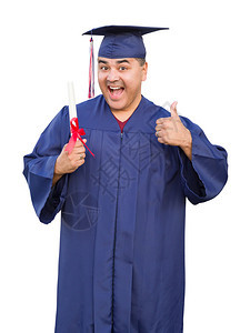 佩戴毕业帽子和孤立的礼服有文凭西班牙男子图片