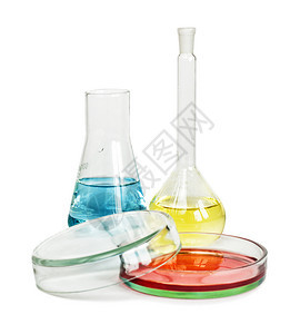 以白色背景隔离的有彩色溶液杂项实验室玻璃器件图片