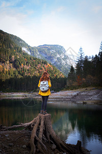 带着背包的旅游女孩站在山湖岸上一个巨大的树桩上图片