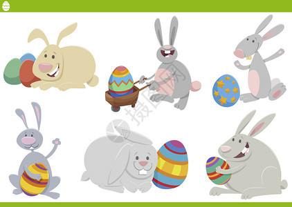 在春季复活节用彩蛋制作的有趣复活东方兔子人物的漫画插图图片