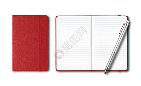 暗红色的封闭和开放的内衬笔记本上有一支钢笔隔离在白色暗红色封闭和开放的笔记本与一支笔隔离在白色图片