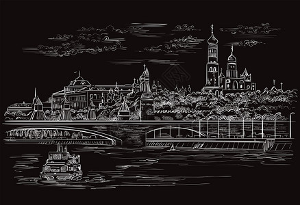 考辛斯矢量单色素描手绘图解克伦和莫斯考的河堤俄罗斯城市景色黑底白