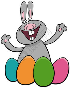 在节假日用彩色的复活节鸡蛋来展示有趣的复活节兔子人物的漫画插图图片
