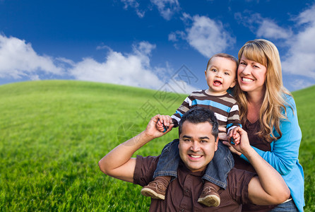 绿色草原上幸福的混合种族家庭图片