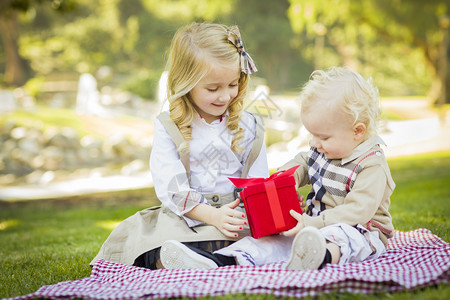 甜美的小女孩给她弟一个包装礼物在野餐毯公园的户外图片