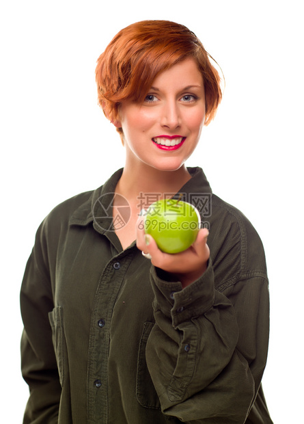 带着绿苹果的年轻美女孤立在白色背景上图片