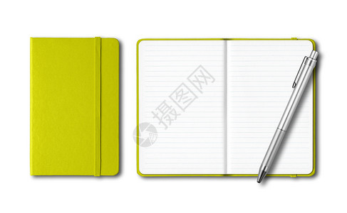青柠色的封闭式和开放式笔记本白色上有一支笔青柠色的封闭式和开放式笔记本笔与白色隔离图片