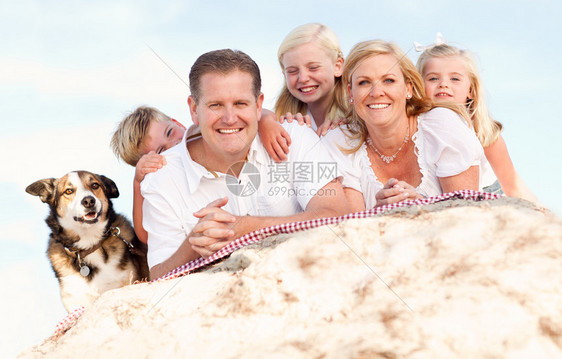 一家人带上狗狗在沙滩上开心的玩耍图片