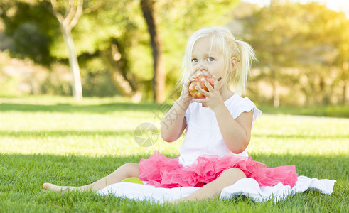 可爱的小女孩坐在草地上吃着健康的苹果图片