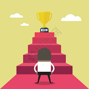 人步非洲商人站在前楼梯带领奖杯通往成功的捷径插画