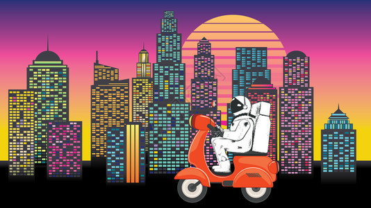 在城市中骑摩托车的宇航员卡通矢量插画中图片