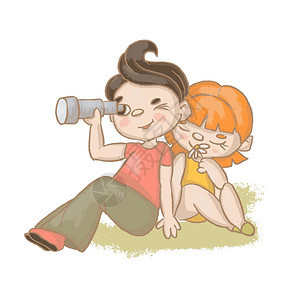 卡通男孩和女孩在草地上玩望远镜图片