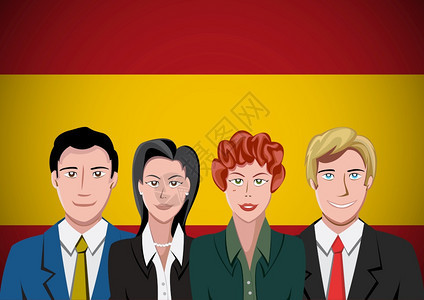 西班牙人在旗帜前平板设计的团队精神画像矢量卡通图片