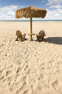 两张沙滩椅和雨伞在美丽的海洋前方上面有复制空间图片