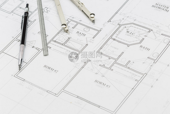 建筑铅笔标尺和指南针都以定制的室内计划为依托图片