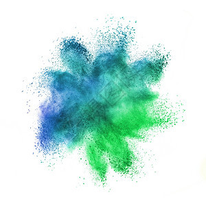 白色背景的绿和蓝抽象混乱粉末或尘埃爆炸带有复制空间白色背景的蓝绿颜混乱爆炸name图片