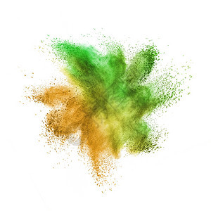 彩色粉末爆炸或以黄色和绿的颜喷洒在白背景上并有复制空间创造彩色粉末或灰尘爆炸在白色背景上name图片