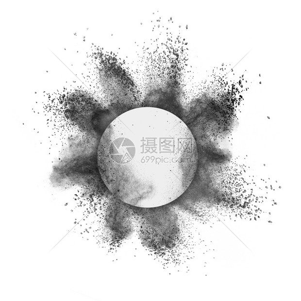 黑色灰粉末喷发和白背景爆炸的圆形创意框架复制空间圆形框架白色背景的灰喷发图片