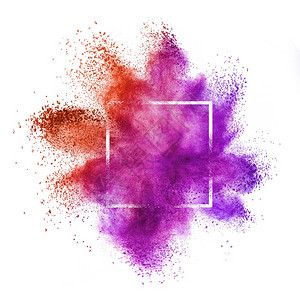 白色背景的红和紫灰尘或粉末闪烁的抽象灰尘或粉末的方形框复制空间红色紫粉末爆炸在白背景的框中name图片