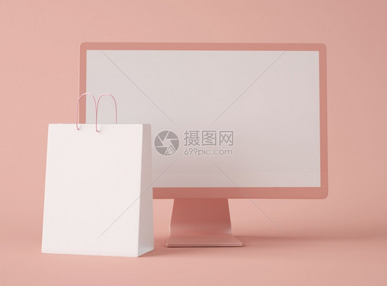 3d插图带有空白屏幕的计算机显示和以孤立背景的纸袋网上商店概念图片