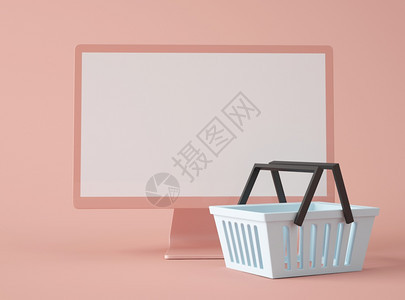 3d插图计算机显示空白屏幕以孤立背景购物篮网上商店概念图片