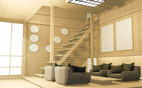 带有沙发的日本式客厅沙发热带内室设计3D图片