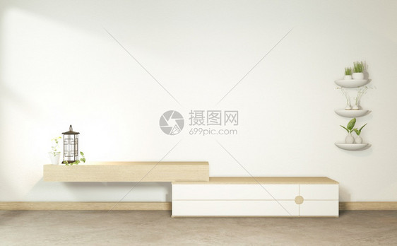 热带空房间的TV柜子日本式最小设计3D图片