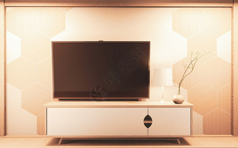 墙上的六边形砖木制柜子和电视上准备在黑屏编辑的六边图纸3D图片