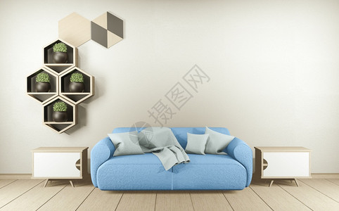 现代鲁恩室内沙发木质六边形瓷砖三维渲染图片