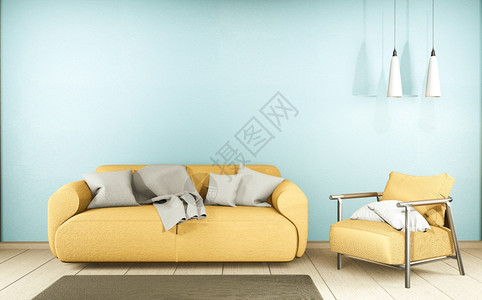 带有黄色沙发和薄壁底装饰品的3D层黄色沙发和装饰品的客厅图片