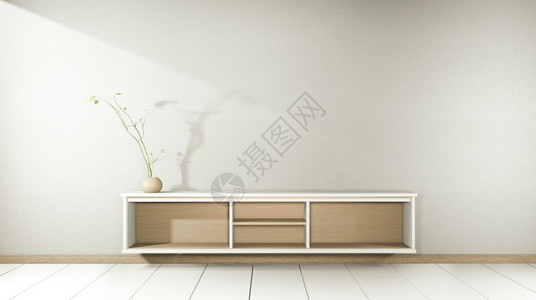 在现代空房的木制柜子和白地板的墙上用日本式的白色房图片