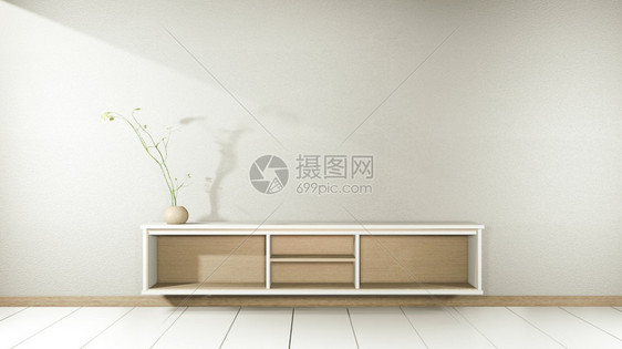 在现代空房的木制柜子和白地板的墙上用日本式的白色房图片