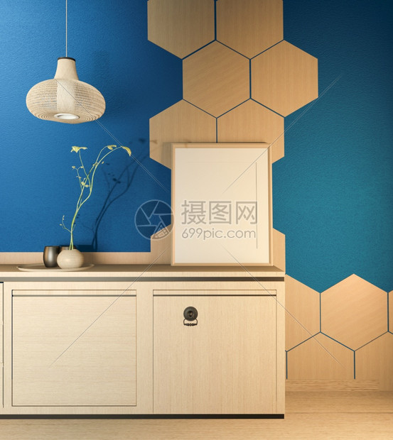 厨房室现场装上木制柜台厨房和深蓝色间六边形瓦墙上的装饰品图片