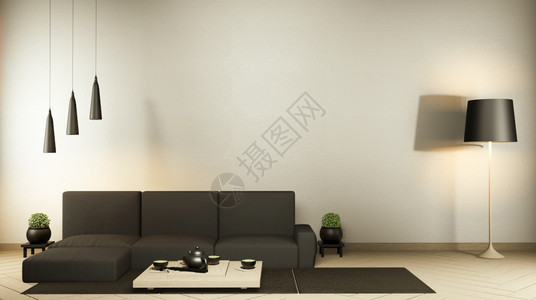 室内装饰黑色沙发和装饰日本式在zen房间3D图片