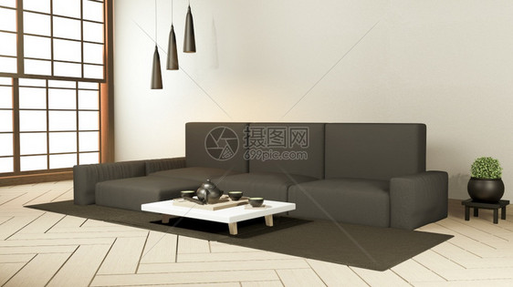 室内装饰黑色沙发和装饰日本式在zen房间3D图片