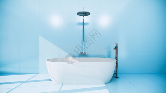蓝色设计浴室房瓷砖墙壁和地板日本风格3D图片