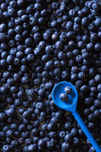 成熟的蓝莓堆和两片水果的汤匙新鲜收获的夏季水果顶层景色美味的蓝莓和新鲜背景图片