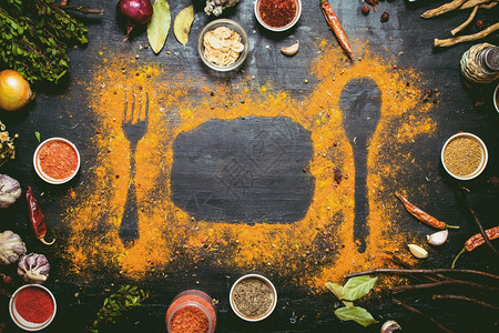 印地安香料和草药桌上的地面香料黑板上的图片