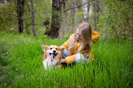 户外草坪中和狗玩耍的小女孩图片
